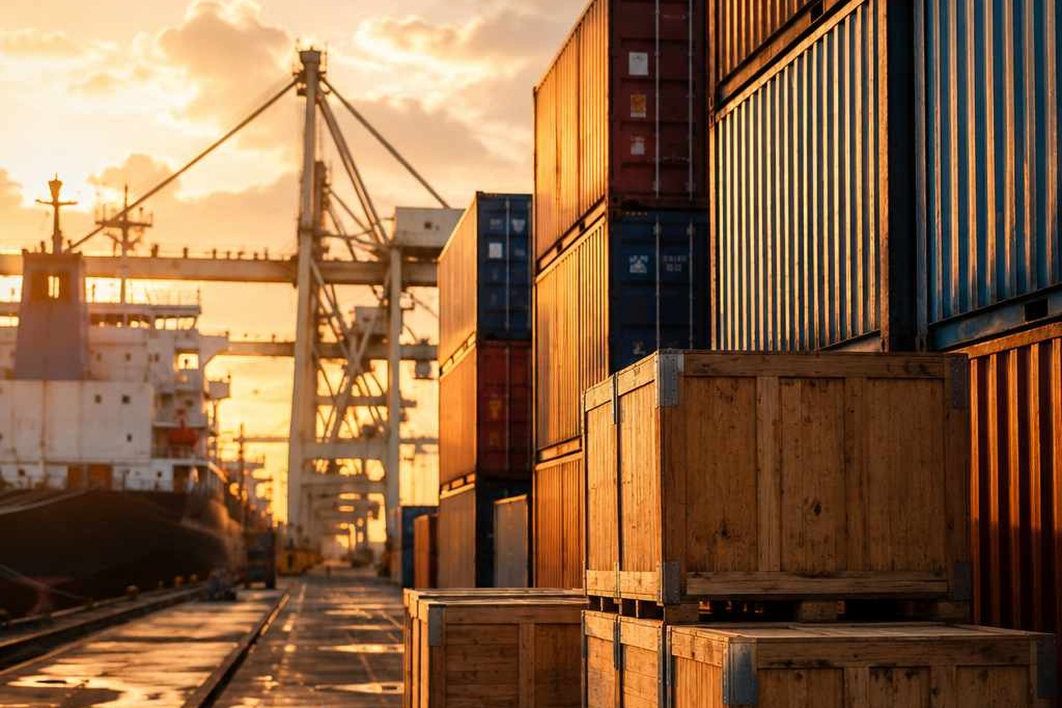 Seecontainer und Containerschiff im Hafen – internationale Seefracht Fernost.