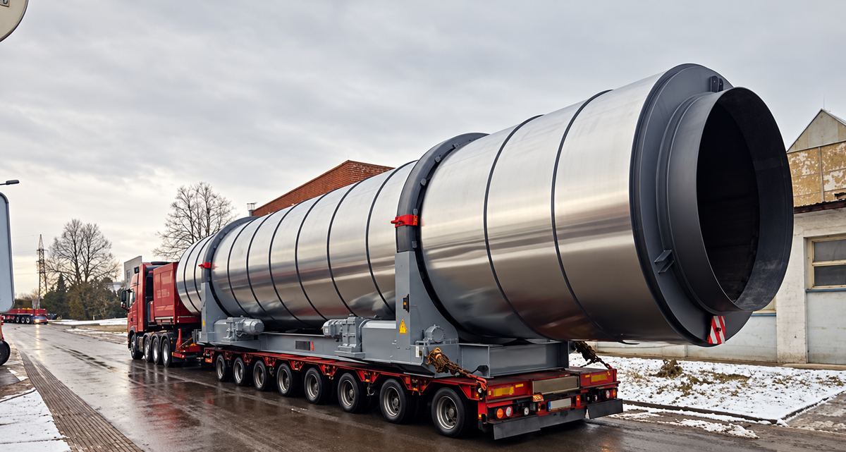 44 Tonnen schwere Paralleltrommel einer Asphaltmischanlage auf einem Spezialauflieger für den Transport in die Niederlande