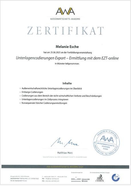 AWA-Zertifikat für Melanie Esche zur Fortbildung „Unterlagencodierungen Export – Ermittlung mit dem EZT-online“
