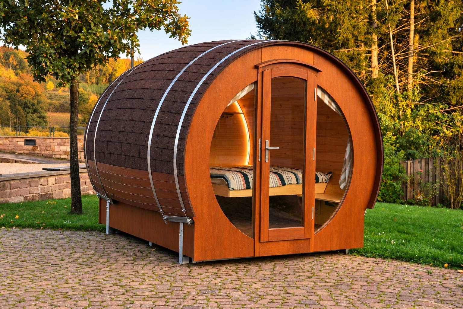 Fassförmiges Tiny House aus Holz mit verglaster Eingangstür