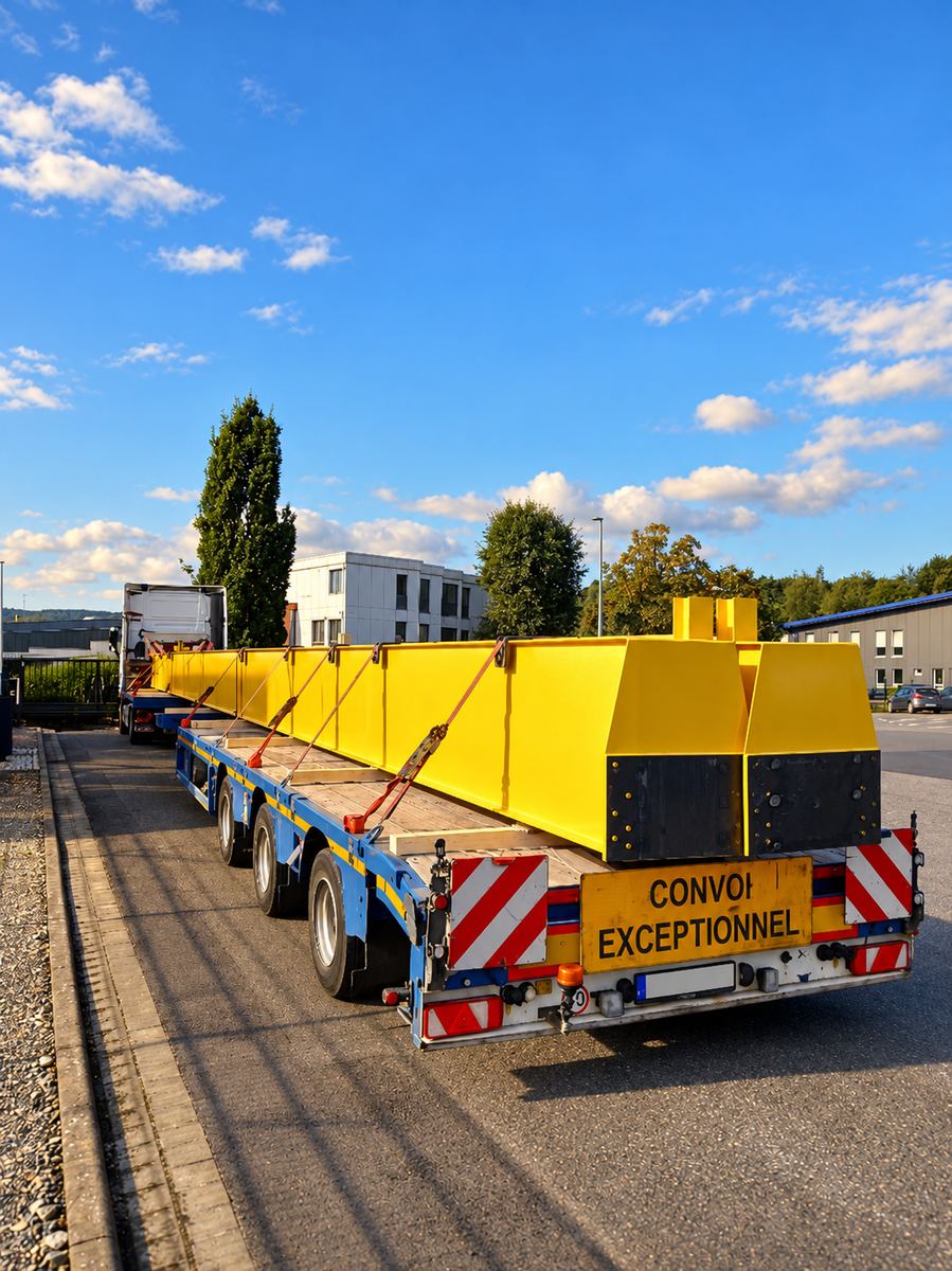 Heckansicht der gelben Zweiträgerquerbrücke auf einem blauen Sattelauflieger mit Warntafel für den Sondertransport nach Litauen.